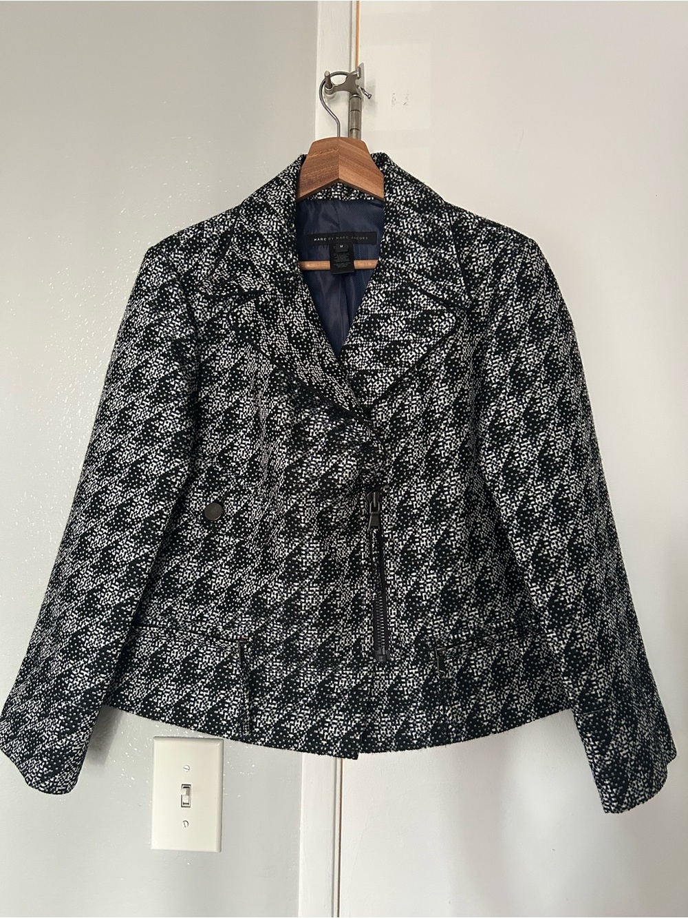 Marc by Marc Jacobs Tweed Houndstooth Moto Jacket Zip Medium Silk Trim